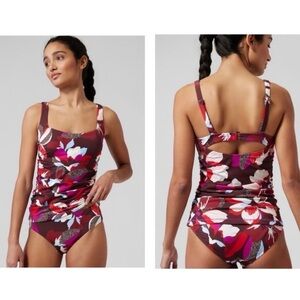 Athleta brown and red square neck floral tankini top 36B/C